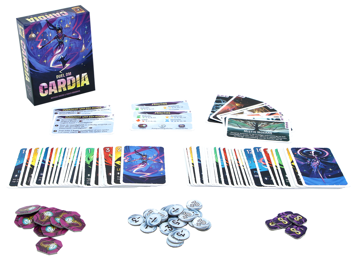 Speelmateriaal van Cardia, kaartspel van 999 Games