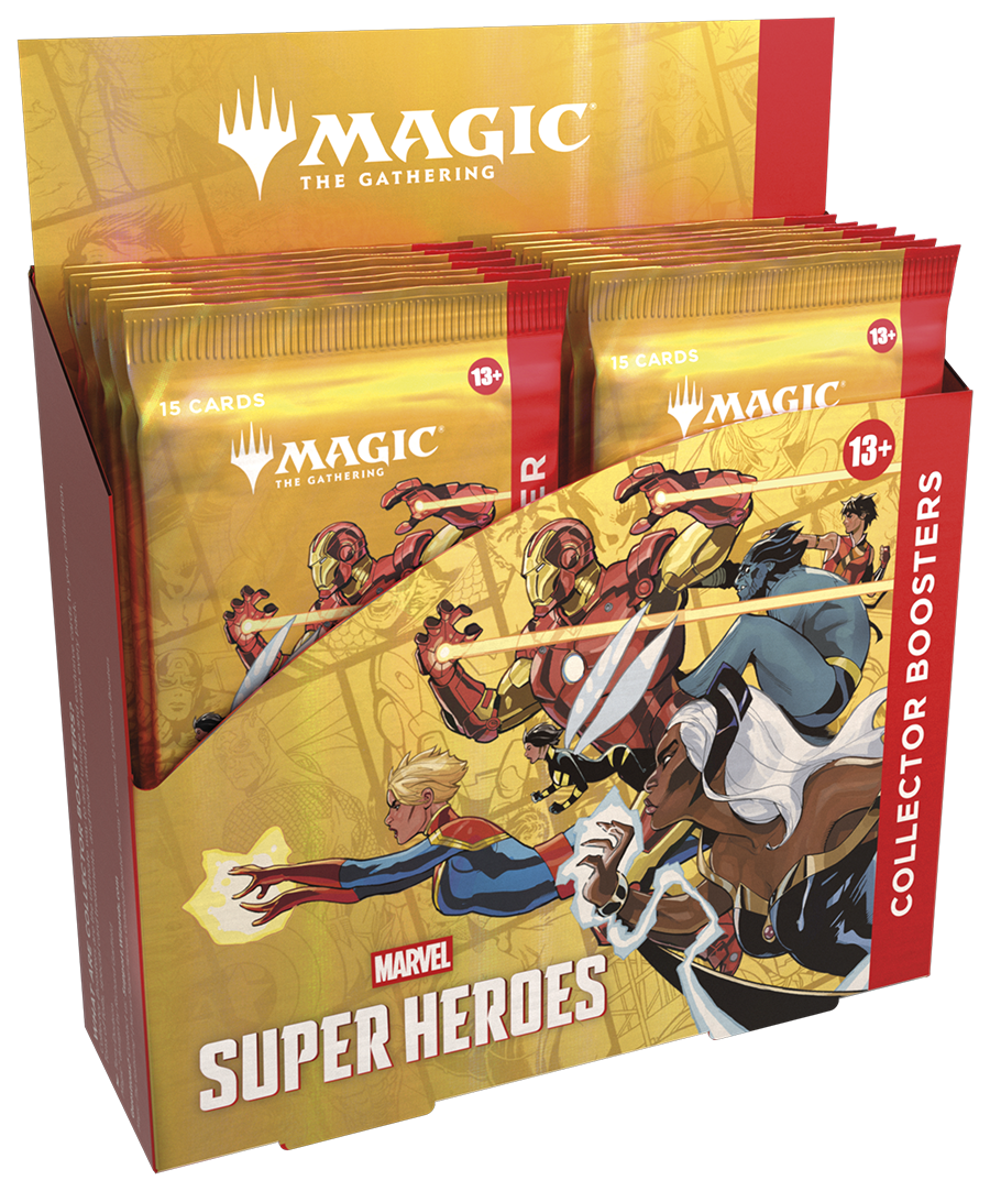 Display met twaalf Magic: The Gathering Marvel Super Heroes Collector Boosters