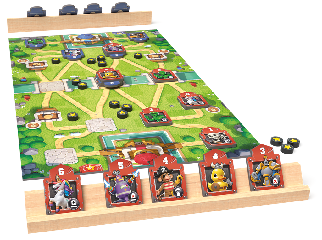 Toy Battle tijdens het spelen: speelbord met troepen en het rekje met troepenfiches
