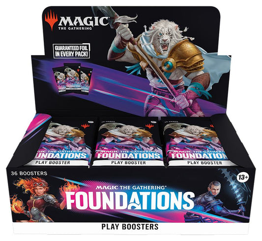 Display met zesendertig Magic: The Gathering Foundations Play Boosters, Engelstalig