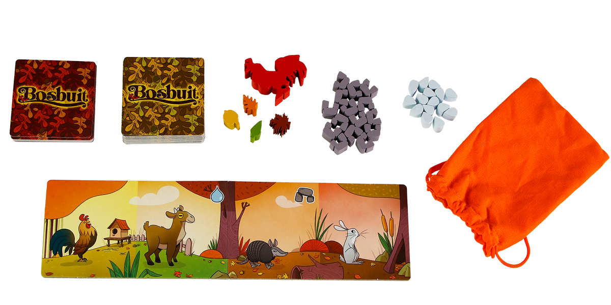 Speelmateriaal van Bosbuit, kaartspel van 999 Games
