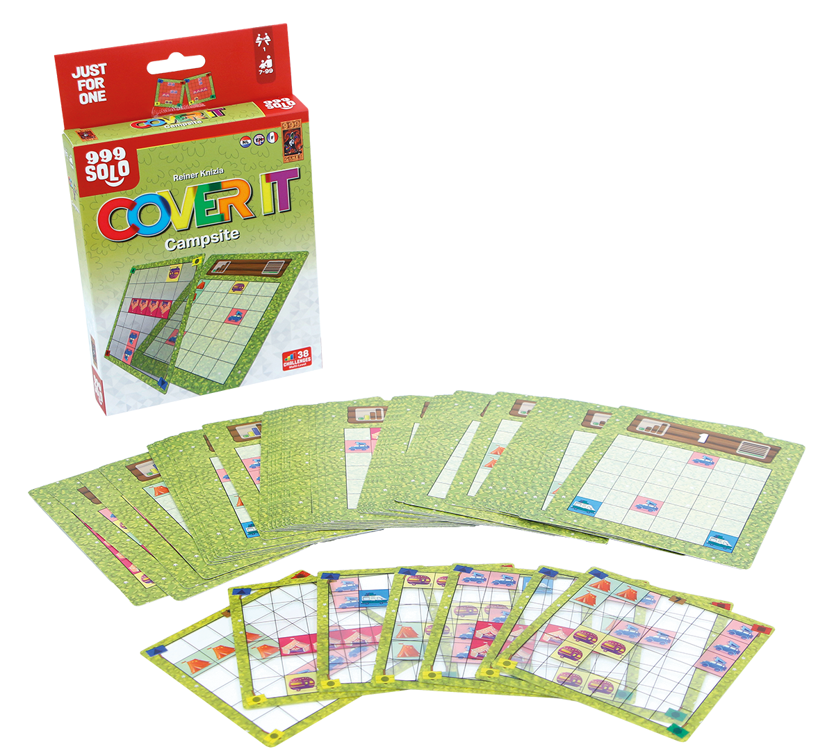 Speelmateriaal van Cover It: Campsite, solospel van 999 Games