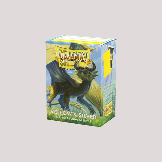Doos met 100 Dragon Shield Dual Matte sleeves in de kleur Yellow & Silver (geel)