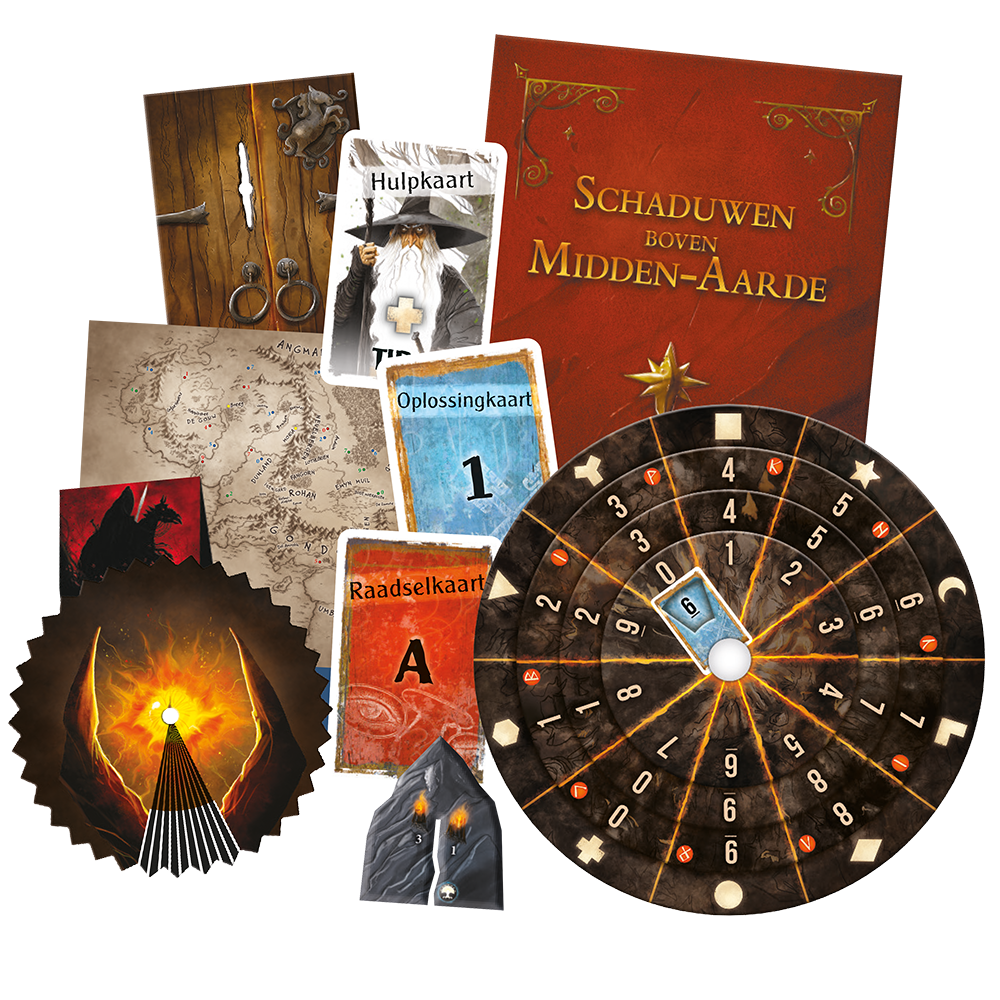 Speelmateriaal van EXIT - Schaduwen boven Midden-Aarde, escaperoomspel van 999 Games