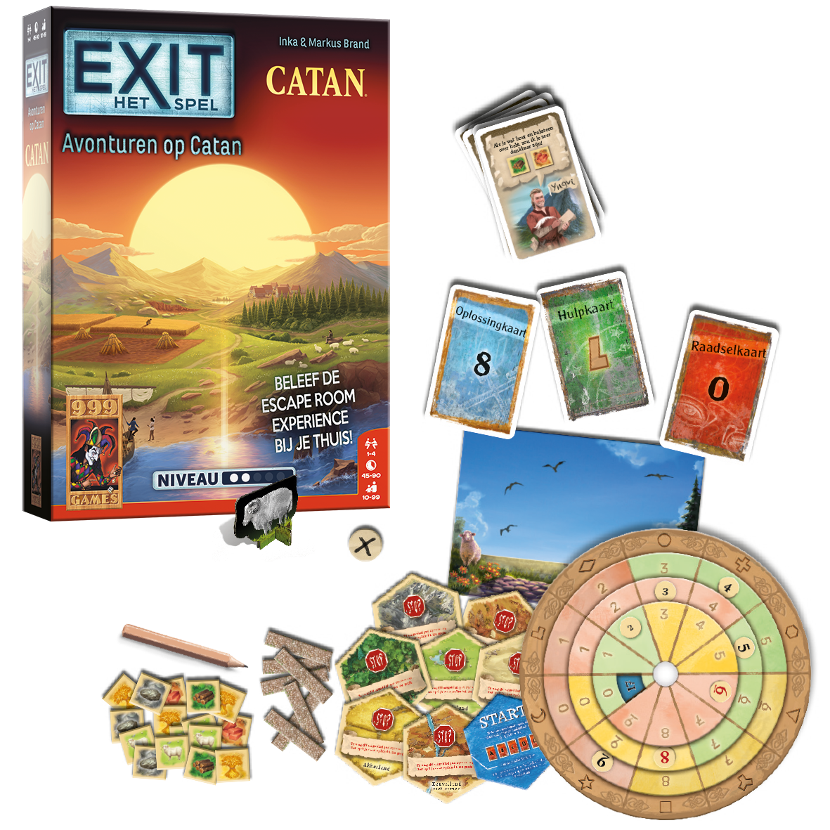 Speelmateriaal van EXIT - Avonturen op Catan, escaperoomspel van 999 Games