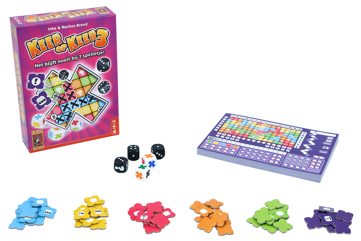 Speelmateriaal van Keer op Keer 3, dobbelspel van 999 Games