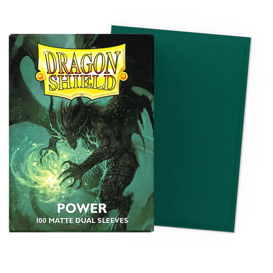 Doos met 100 Dragon Shield Dual Matte sleeves in de kleur Power (metallic groen)