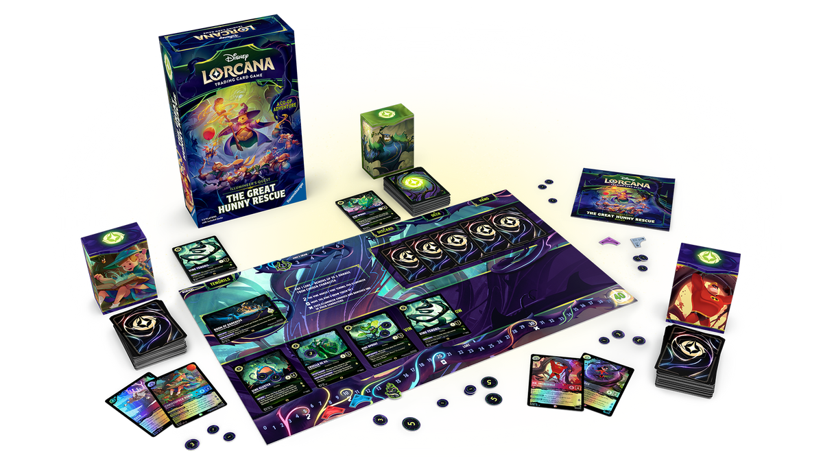 Inhoud van Illumineer's Quest - The Great Hunny Rescue: decks, speelbord en fiches