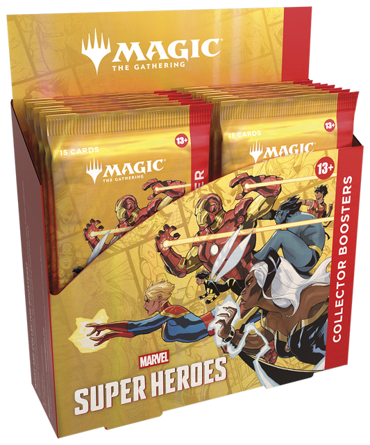 Display met twaalf Magic: The Gathering Marvel Super Heroes Collector Boosters