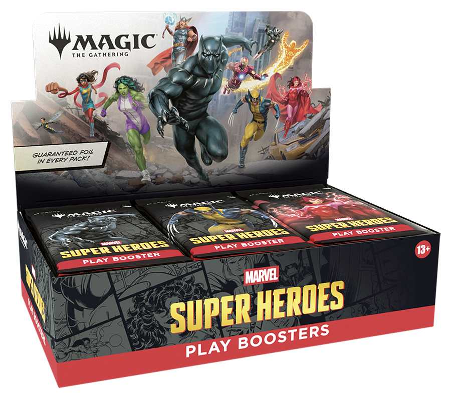 Display met dertig Magic: The Gathering Marvel Super Heroes Play Boosters