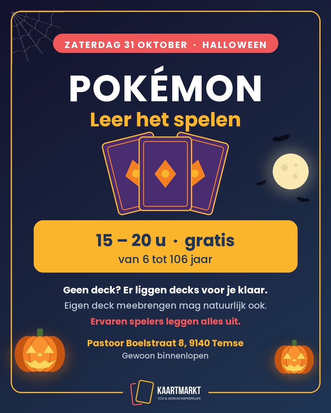 Pokémon leer het spelen bij Kaartmarkt op Halloween, zaterdag 31 oktober van 15 tot 20 uur, gratis, van 6 tot 106 jaar, decks liggen klaar