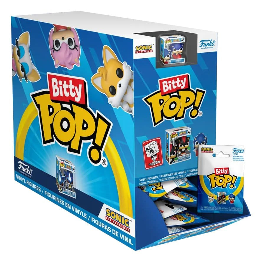 Funko Bitty Pop! Sonic the Hedgehog mystery blind bags in de display, met o.a. Sonic, Tails, Amy en Shadow